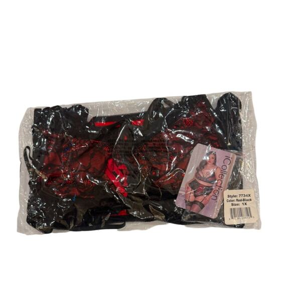 iCollection Cassie ЗPC Bar Set Elegant Lace Lingerie Set Black/Red Size 1X - Picture 4 of 5